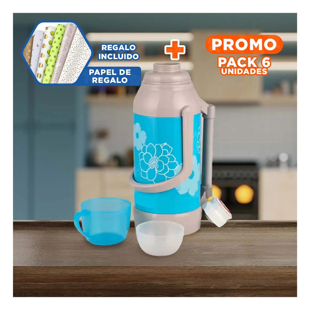 PACK6 VASO TERMO 3200ML CELESTE FLORES PRACTICO PARA USO DIARIO Y+PAPEL REGALO - 1