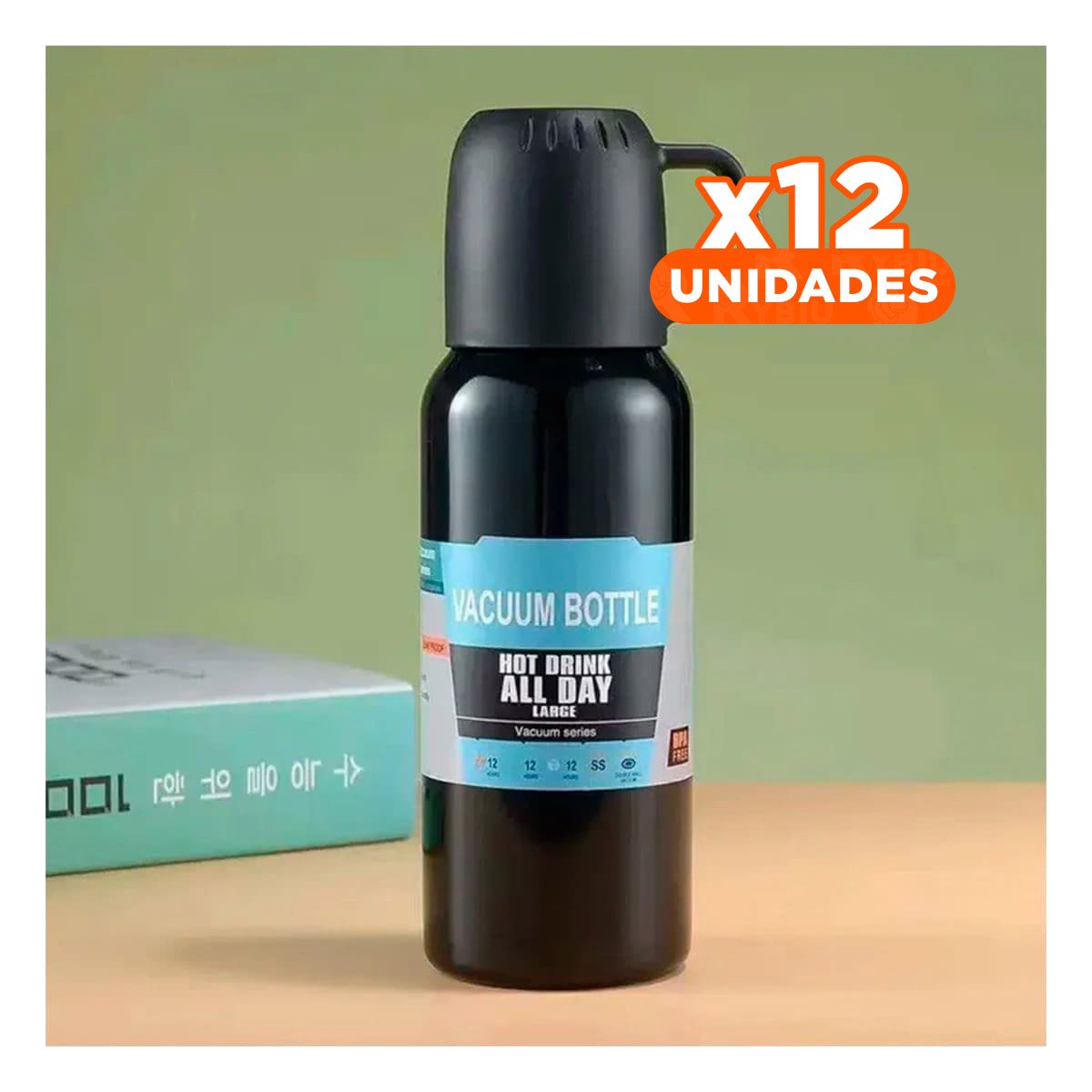 PACK12 BOTELLA FUNCIONAL 500 ML CON 3 TAZAS NEGRO PARA USO DIARIO - 1