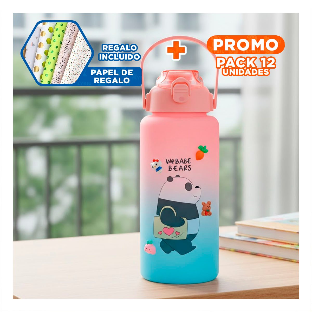 PACK12 BIDON ESCOLAR OSO ESCANDALOSO 2 LITROS PARA HIDRATACION Y+PAPEL REGALO - 1