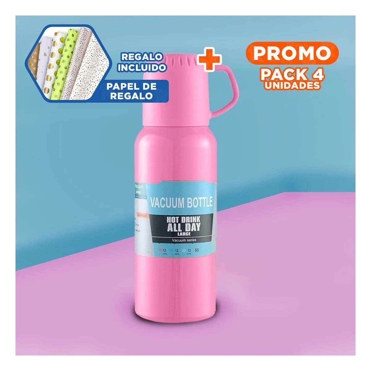 PACK4 PRODUCTO PORTATIL DE 500ML CON 3 TAZAS ROSADO RESISTENTE ALTA CALIDAD Y+PAPEL REGALO - 1