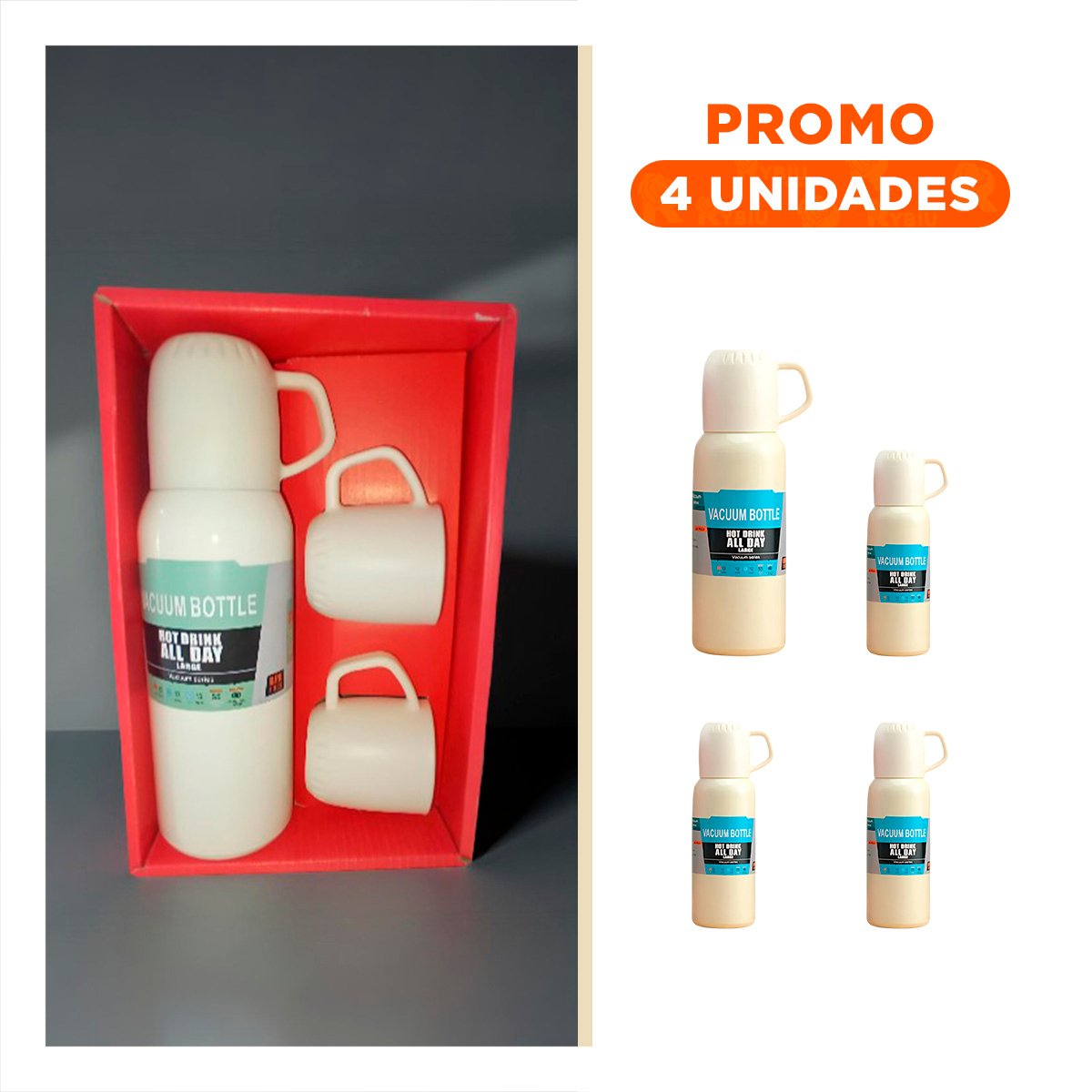 PACK4 TERMO COMPACTO 500 ML CON 3 TAZAS CREMA PARA VIAJES Y OFICINA Y+REGALO STICKER - 1