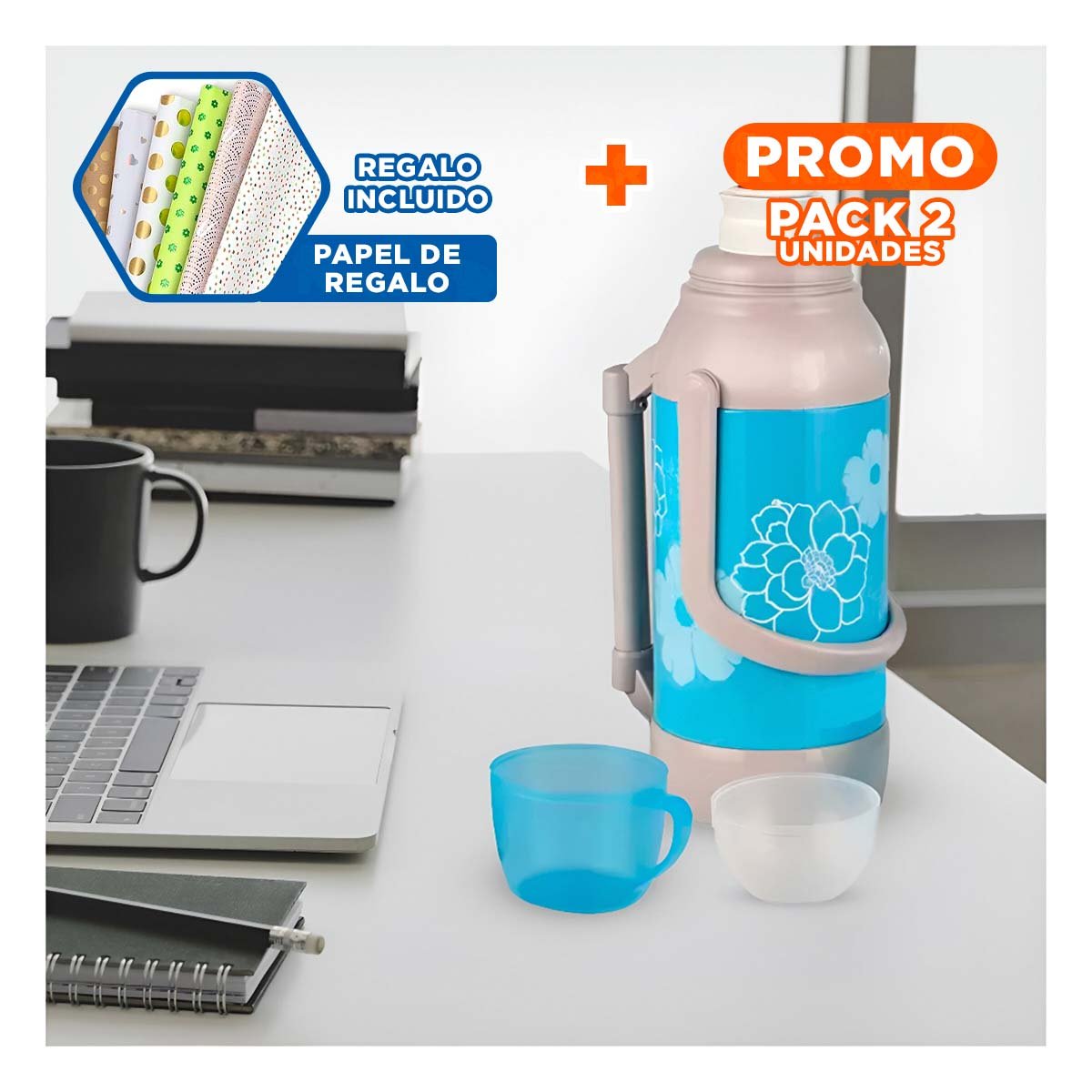 PACK2 RECIPIENTE 3200ML CELESTE FLORES ELEGANTE PARA CAFE TE Y JUGOS Y+PAPEL REGALO - 1