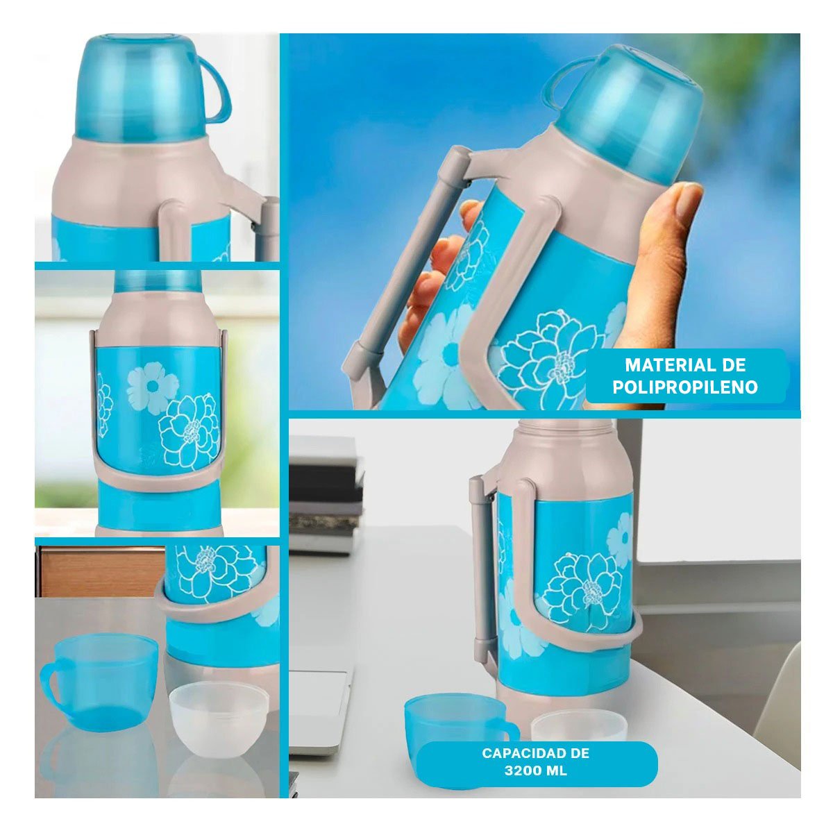 PACK2 RECIPIENTE 3200ML CELESTE FLORES ELEGANTE PARA CAFE TE Y JUGOS Y+PAPEL REGALO - 3