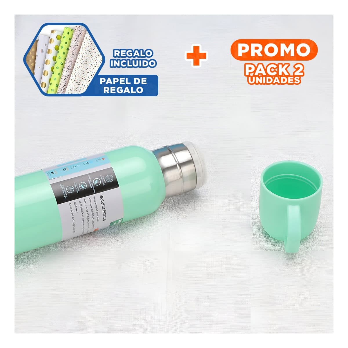 PACK2 KIT TERMICO DE 500ML CON 3 TAZAS VERDE AGUA DURADERO Y+PAPEL REGALO - 1