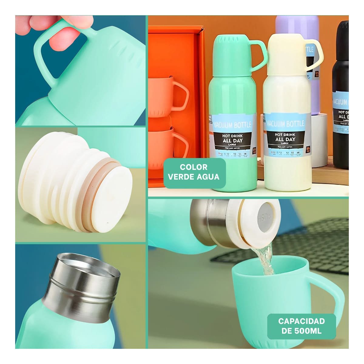 PACK2 KIT TERMICO DE 500ML CON 3 TAZAS VERDE AGUA DURADERO Y+PAPEL REGALO - 3