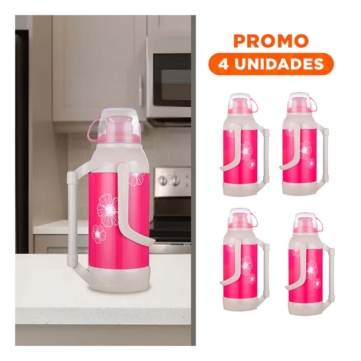PACK4 CONTENEDOR TERMO 3200ML ROSADO FLORES PERFECTO PARA OFICINA Y HOGAR Y+REGALO STICKER - 1