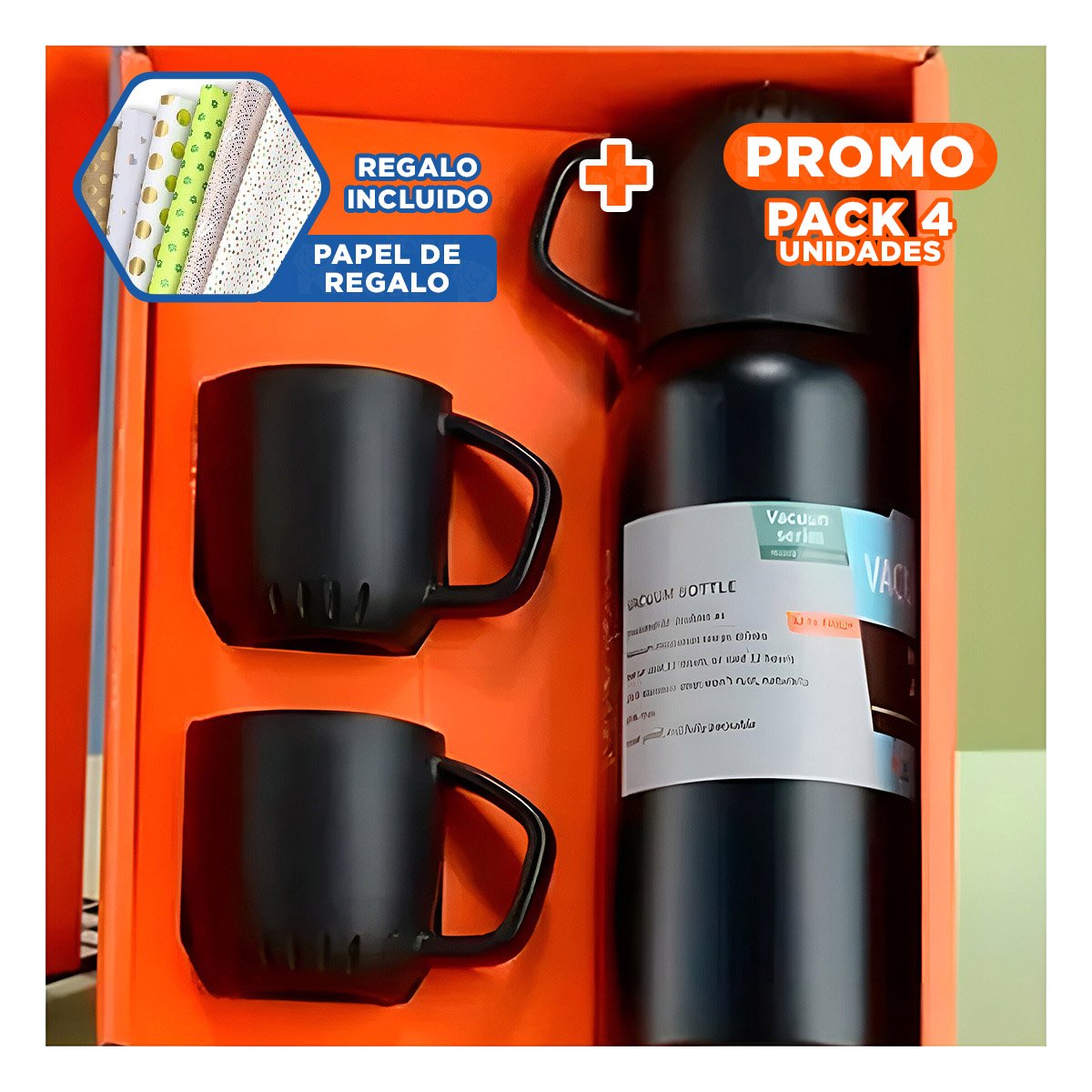 PACK4 TERMO COMPACTO 500 ML CON 3 TAZAS NEGRO PARA VIAJES Y OFICINA Y+PAPEL REGALO - 1