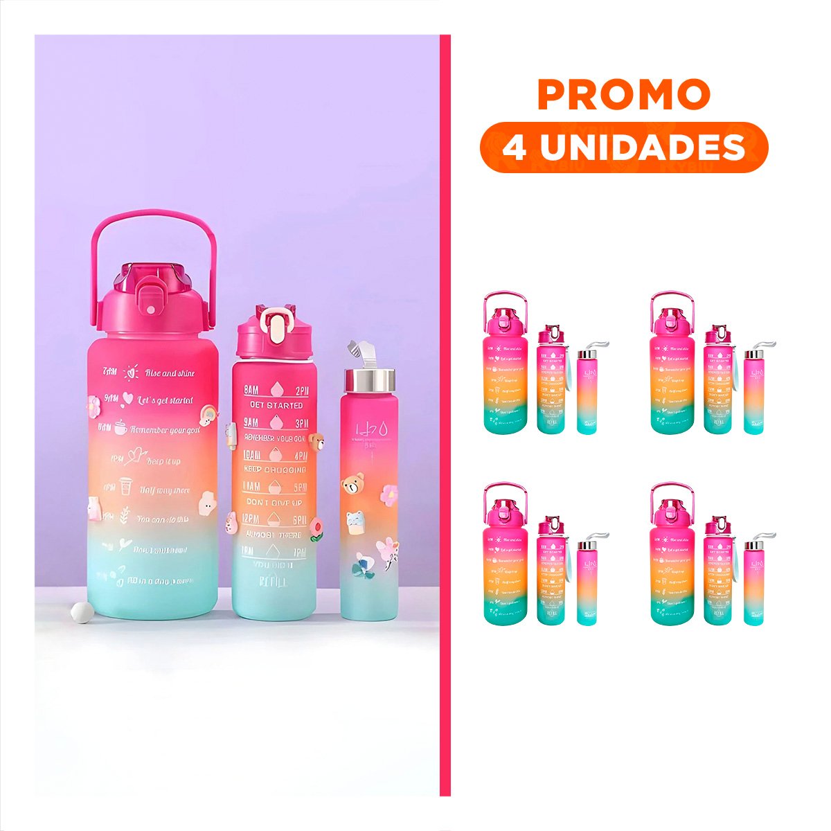 PACK4 CANTIMPLORAS CON 2 L 1 L Y 300 ML EN FUCSIA PARA USO DIARIO ACTIVO Y+REGALO STICKER - 1