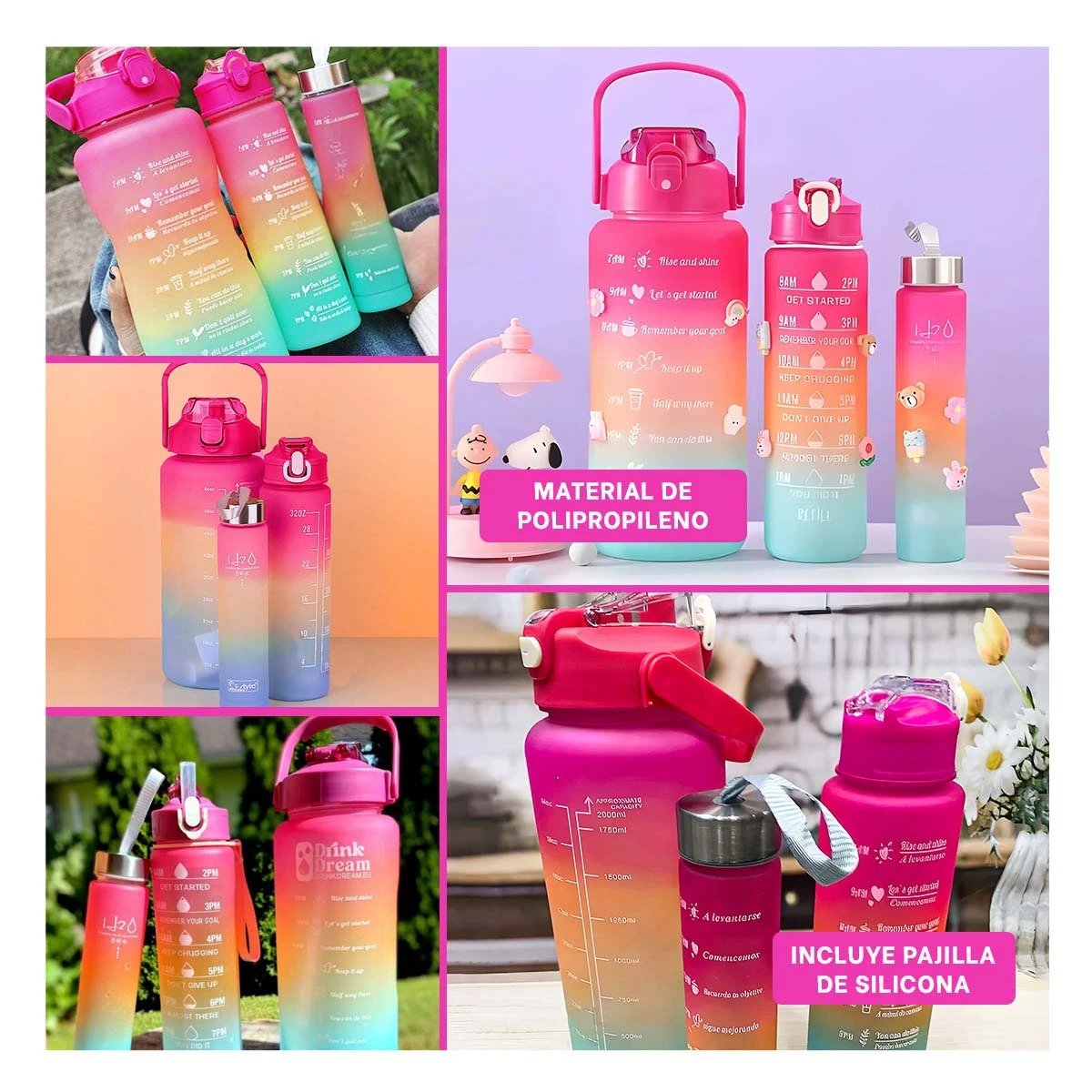 PACK4 CANTIMPLORAS CON 2 L 1 L Y 300 ML EN FUCSIA PARA USO DIARIO ACTIVO Y+REGALO STICKER - 2