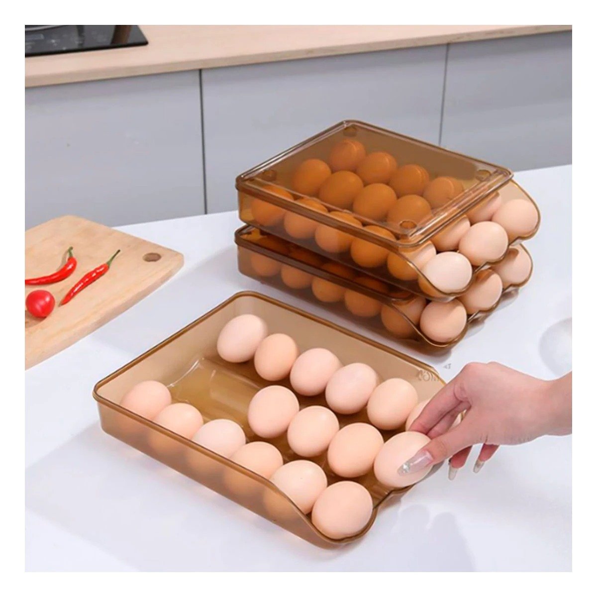 PACK2 RECIPIENTE PRACTICO TRANSPARENTE MARRON PARA 18 HUEVOS FACIL DE APILAR - 2