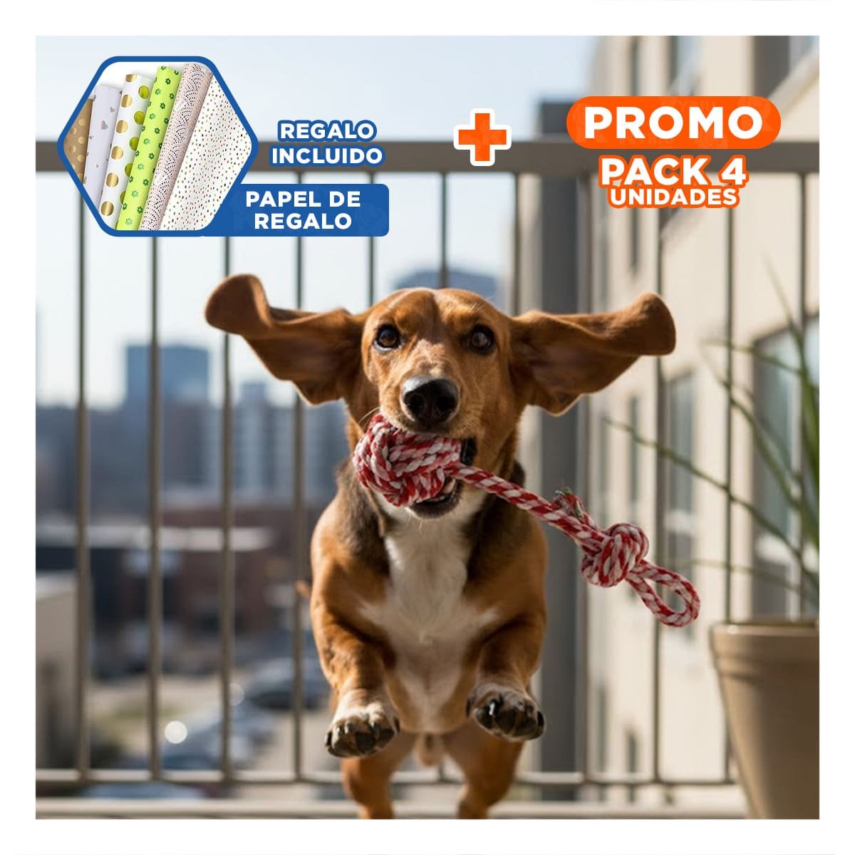 PACK4 OBJETO PARA MORDER CON PELOTA Y SOGA ROSADO ROJO Y+PAPEL REGALO - 1