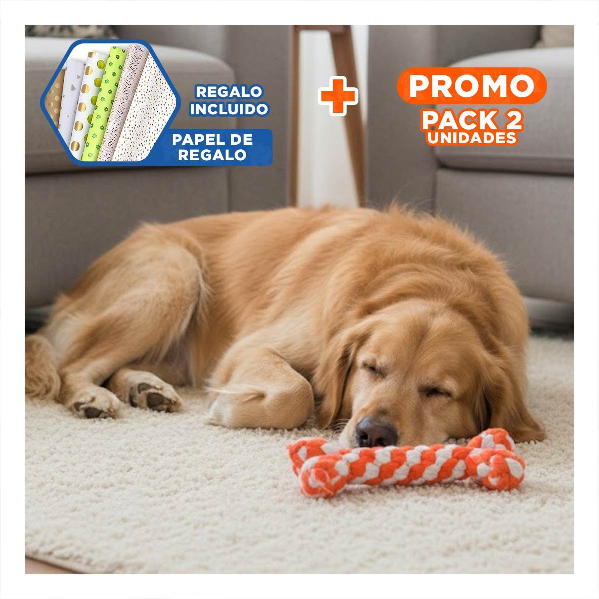 PACK2 OBJETO INTERACTIVO CANINO 15X6,5 CM DE CUERDA NARANJA Y+PAPEL REGALO - 1