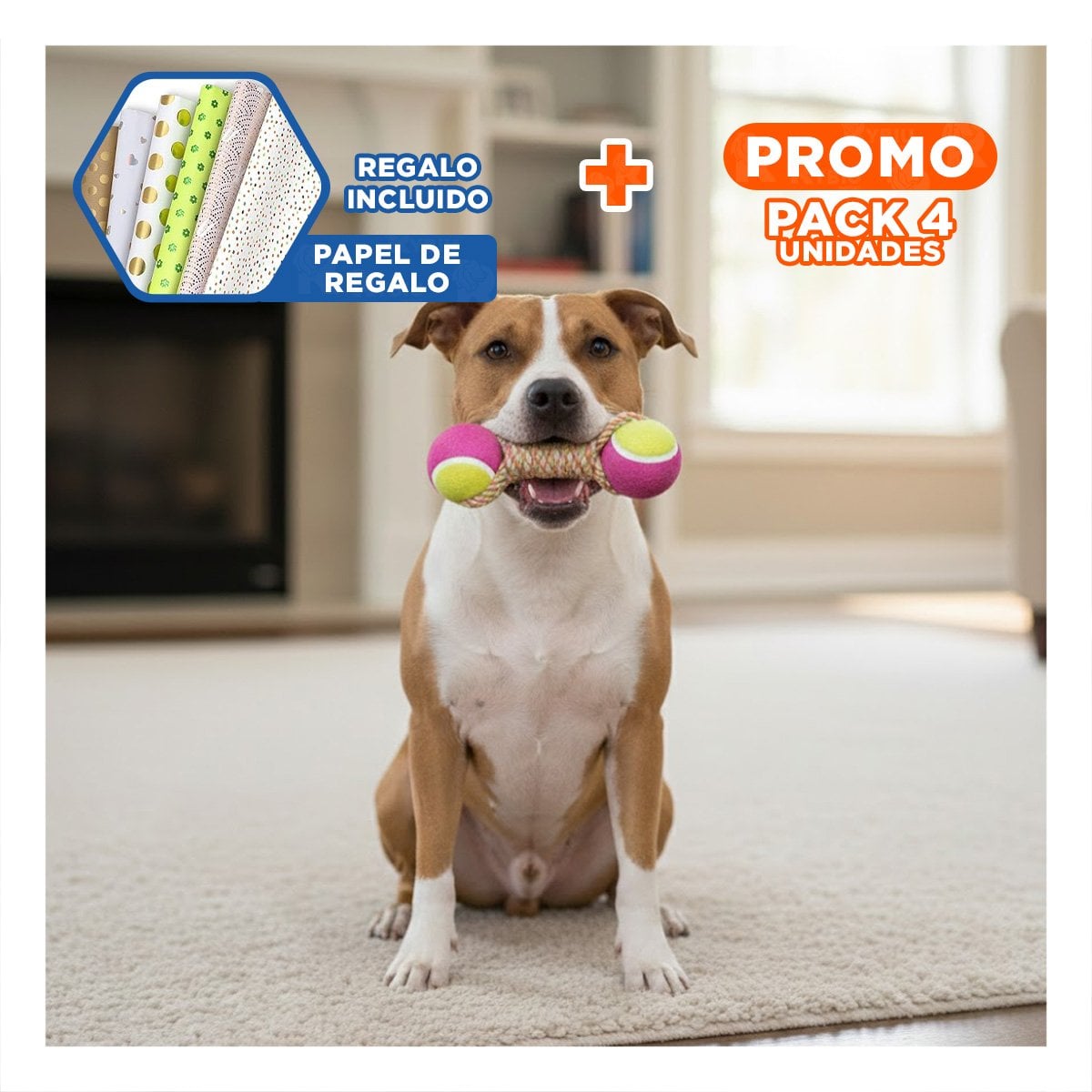 PACK4 CUERDA CON PELOTAS BICOLOR LLAMATIVO PARA MASCOTAS ROSADO CON AMARILLO Y+PAPEL REGALO - 1