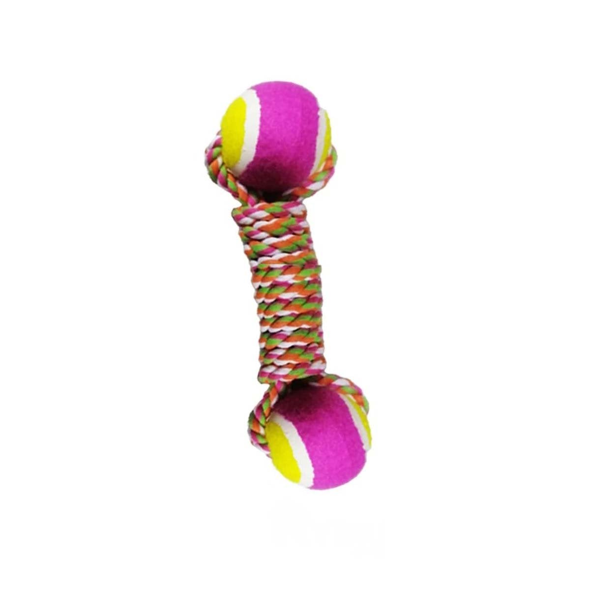 PACK4 CUERDA CON PELOTAS BICOLOR LLAMATIVO PARA MASCOTAS ROSADO CON AMARILLO Y+PAPEL REGALO - 3