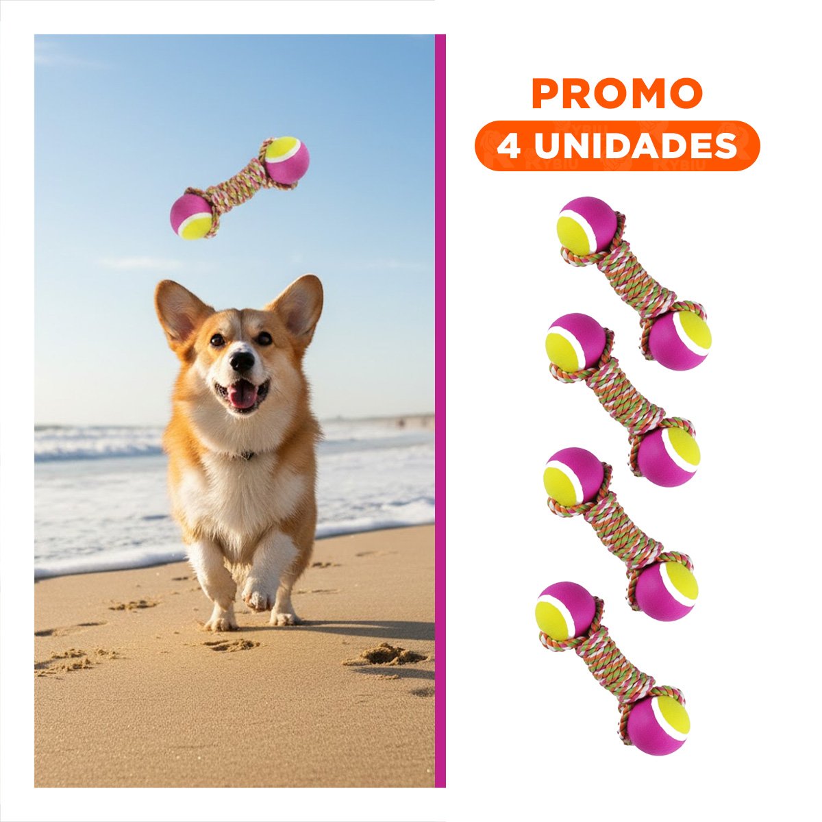 PACK4 JUEGO DOBLE DE PELOTAS PARA MASCOTAS CON CUERDA ROSADO CON AMARILLO Y+REGALO STICKER - 1