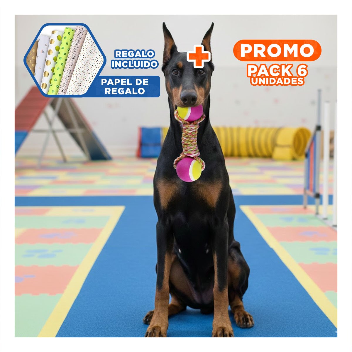 PACK6 JUEGO DE PELOTAS PARA MASCOTAS EN EJERCICIO ROSADO CON AMARILLO Y+PAPEL REGALO - 1