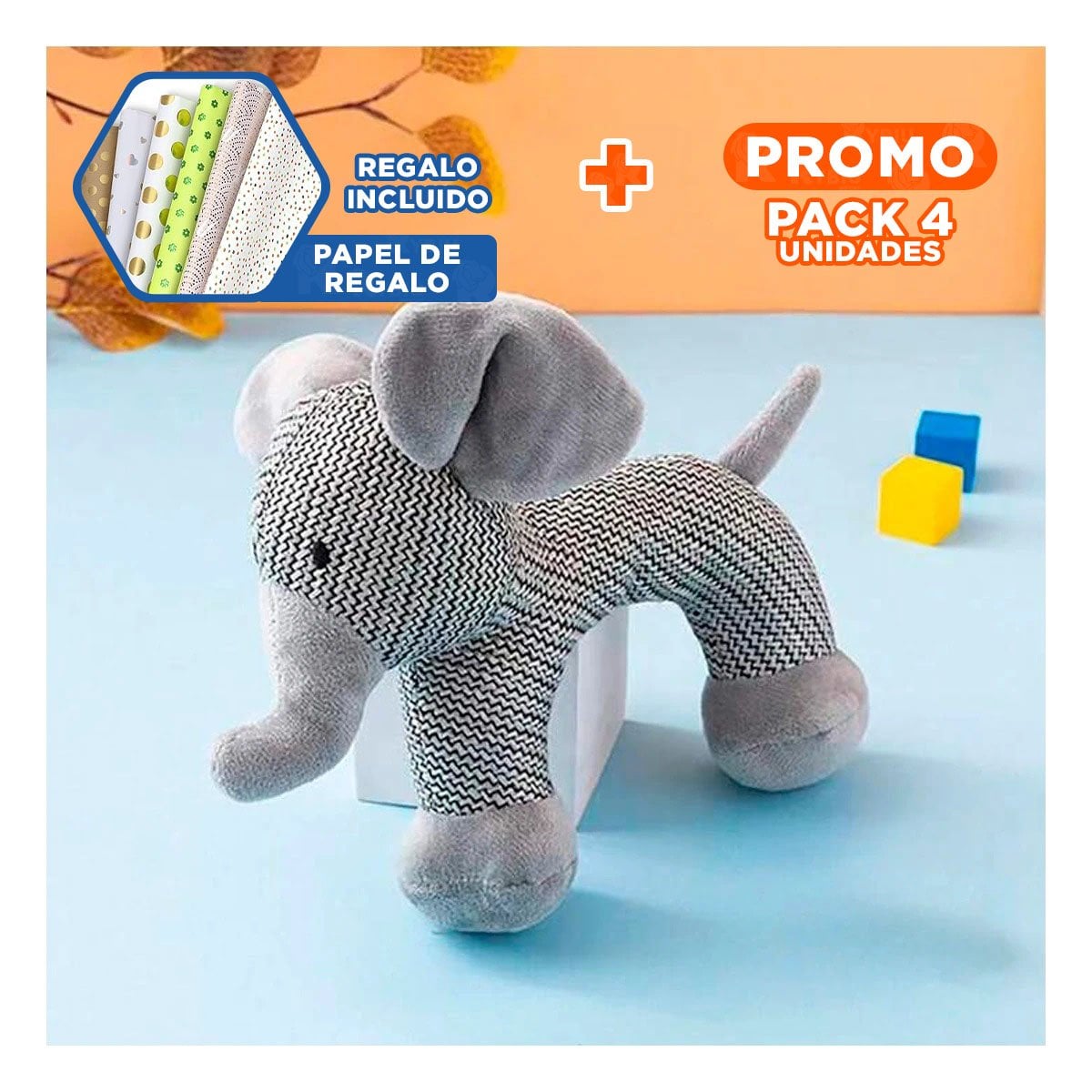 PACK4 COLECCION ELEFANTE DE FELPA CON SONIDO EN PLOMO PARA DECORACION Y+PAPEL REGALO - 1