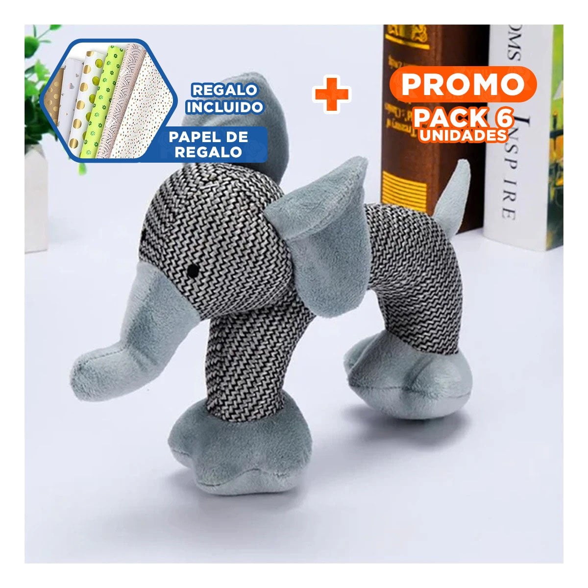 PACK6 PRODUCTO ELEFANTE SUAVE CON SONIDO EN COLOR PLOMO PARA CASA Y+PAPEL REGALO - 1