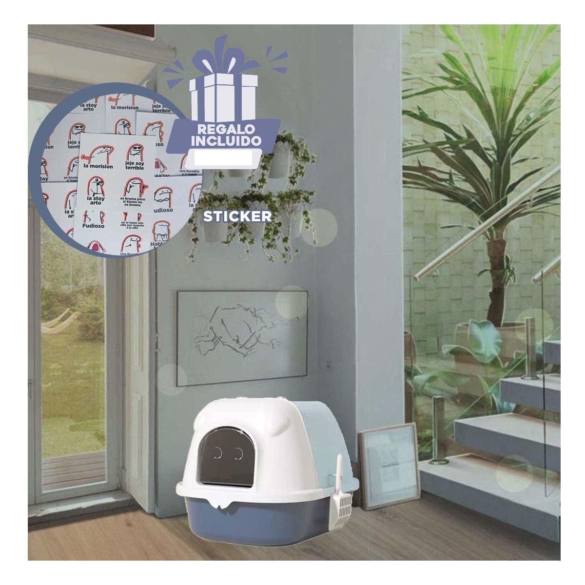 COMPARTIMENTO SANITARIO CON BORDES DECORATIVOS Y PALA CERNIDORA CELESTE Y AZUL Y+REGALO STICKER - 1