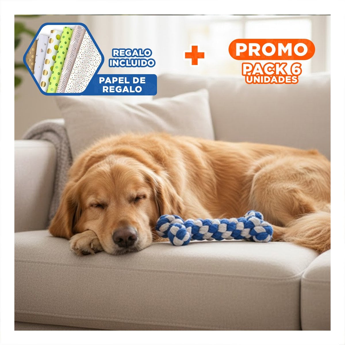 PACK6 OBJETO INTERACTIVO CANINO 15X6,5 CM DE CUERDA AZUL Y+PAPEL REGALO - 1