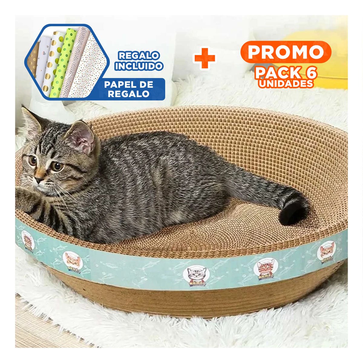 PACK6 AREA DE JUEGO CIRCULAR CON CATNIP CHICO 40 CM MARRON PARA GATO HOGAR Y+PAPEL REGALO - 1