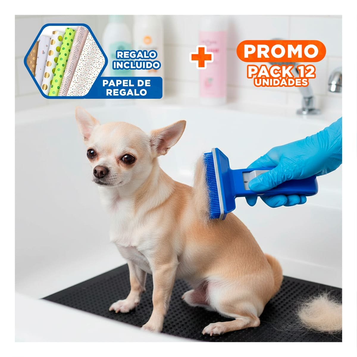 PACK12 SET DE LIMPIEZA PEQUENO AZUL PARA MASCOTAS CON CEPILLO FACIL Y+PAPEL REGALO - 1