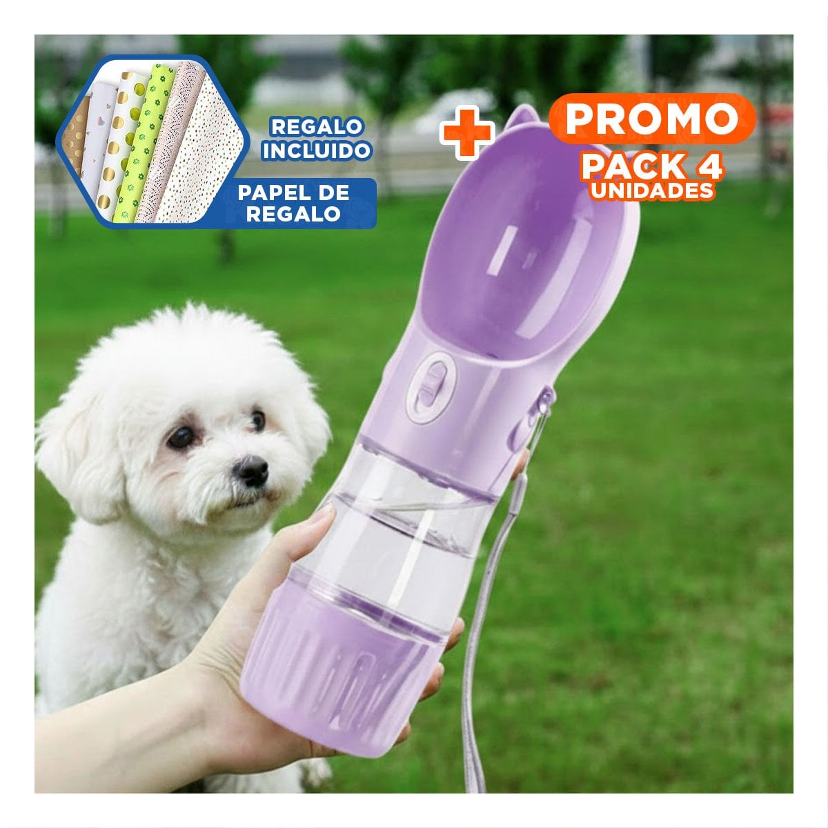 PACK4 BOTELLA COMPACTA GATO LILA PARA MOCHILA ESCOLAR Y+PAPEL REGALO - 1