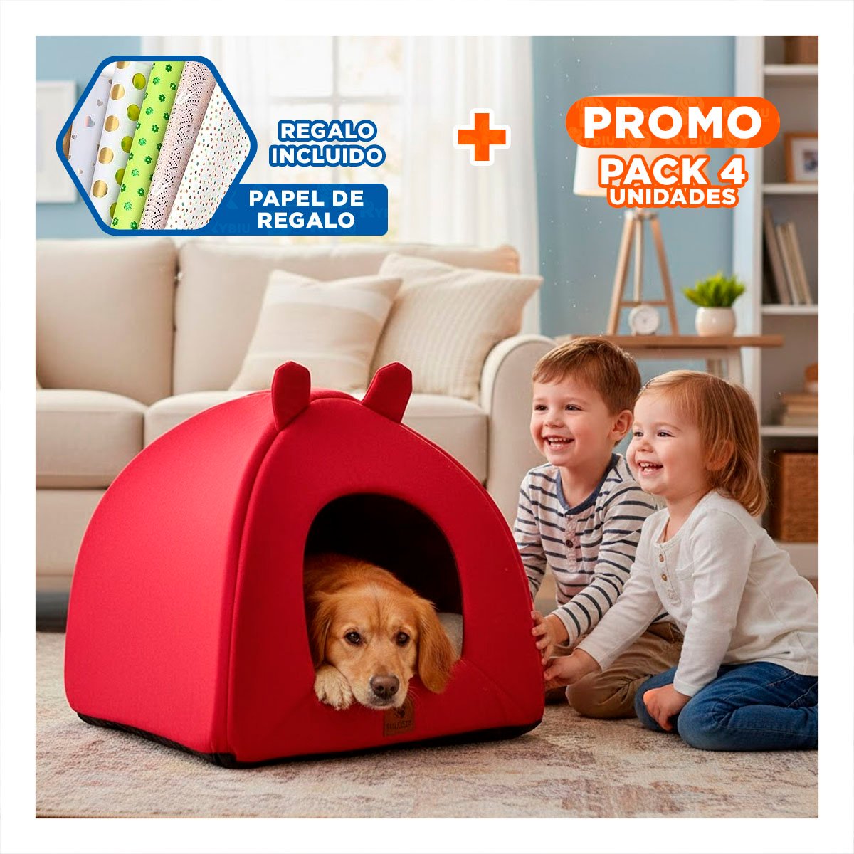 PACK4 NIDO IGLU ROJO TALLA L REFUGIO PRIVADO MASCOTAS Y+PAPEL REGALO - 1