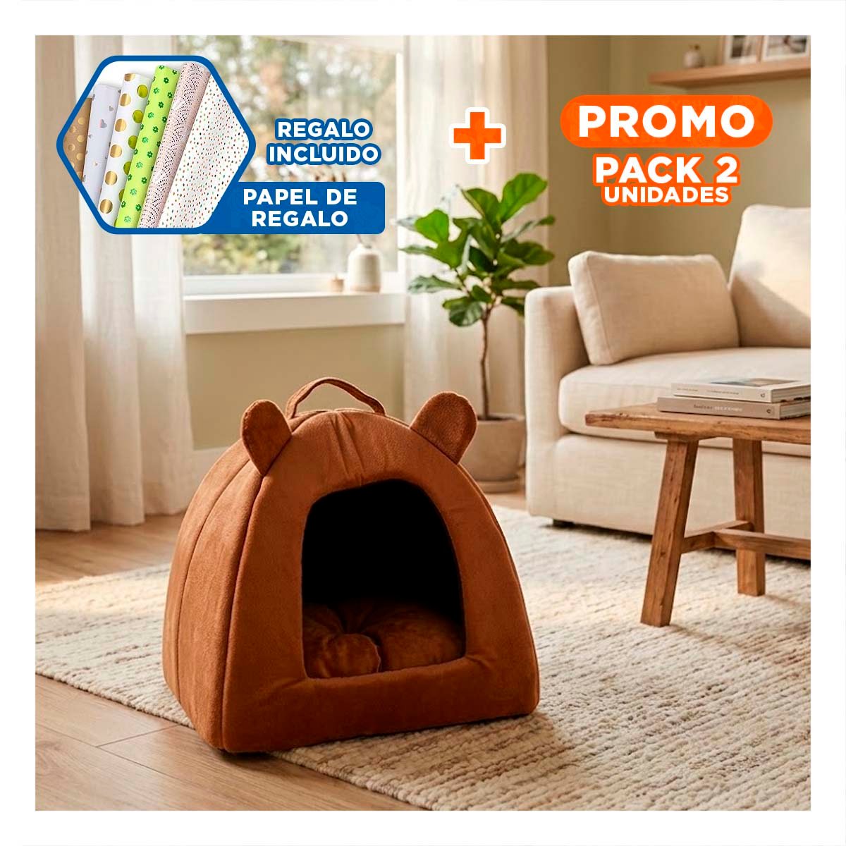PACK2 CUCHA IGLU MARRON TALLA L REFUGIO CERRADO PARA MASCOTAS Y+PAPEL REGALO - 1