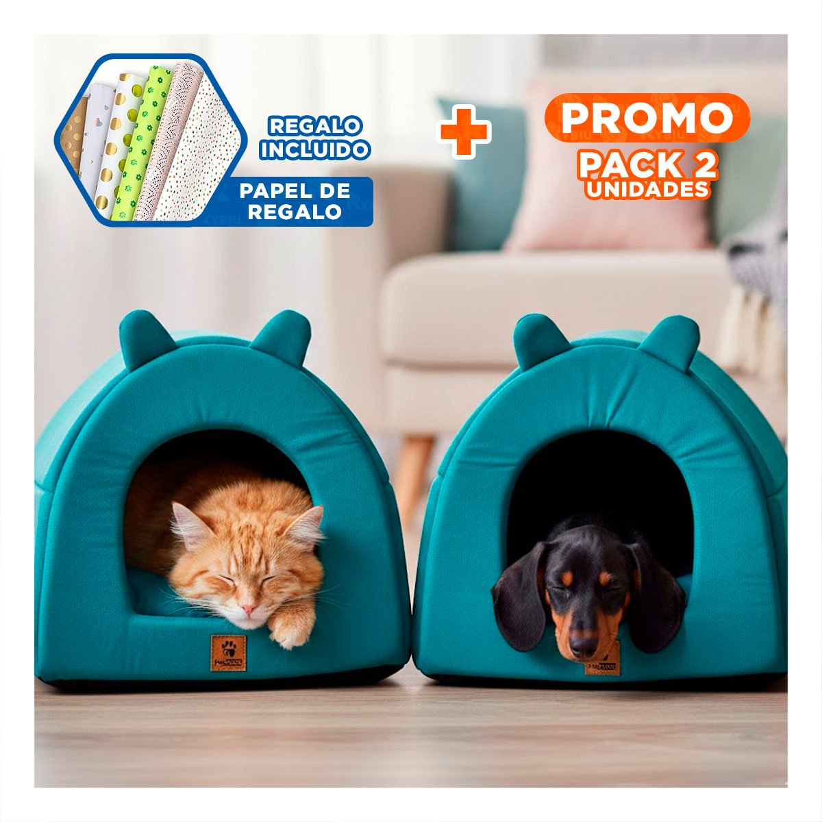 PACK2 GUARIDA IGLU CERRADA TALLA L AZUL REY PARA MASCOTAS HOGAR Y+PAPEL REGALO - 1