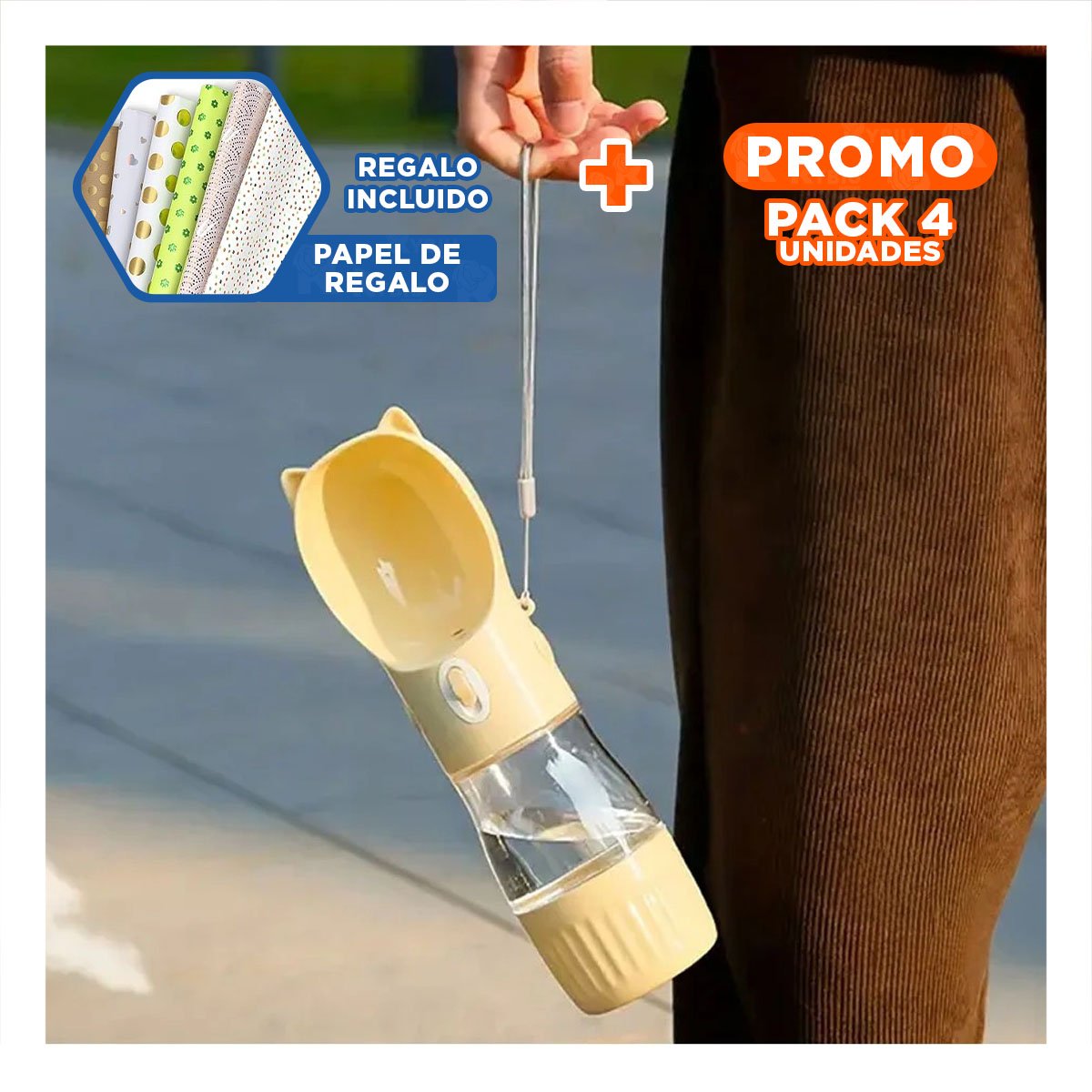 PACK4 BOTELLA COMPACTA GATO AMARILLO PARA MOCHILA ESCOLAR Y+PAPEL REGALO - 1