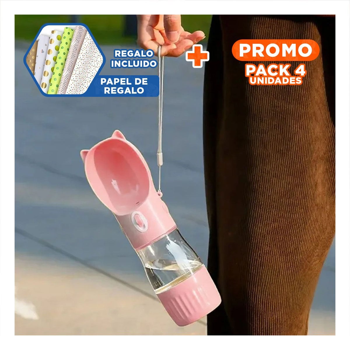 PACK4 BOTELLA COMPACTA GATO ROSADO PARA MOCHILA ESCOLAR Y+PAPEL REGALO - 1