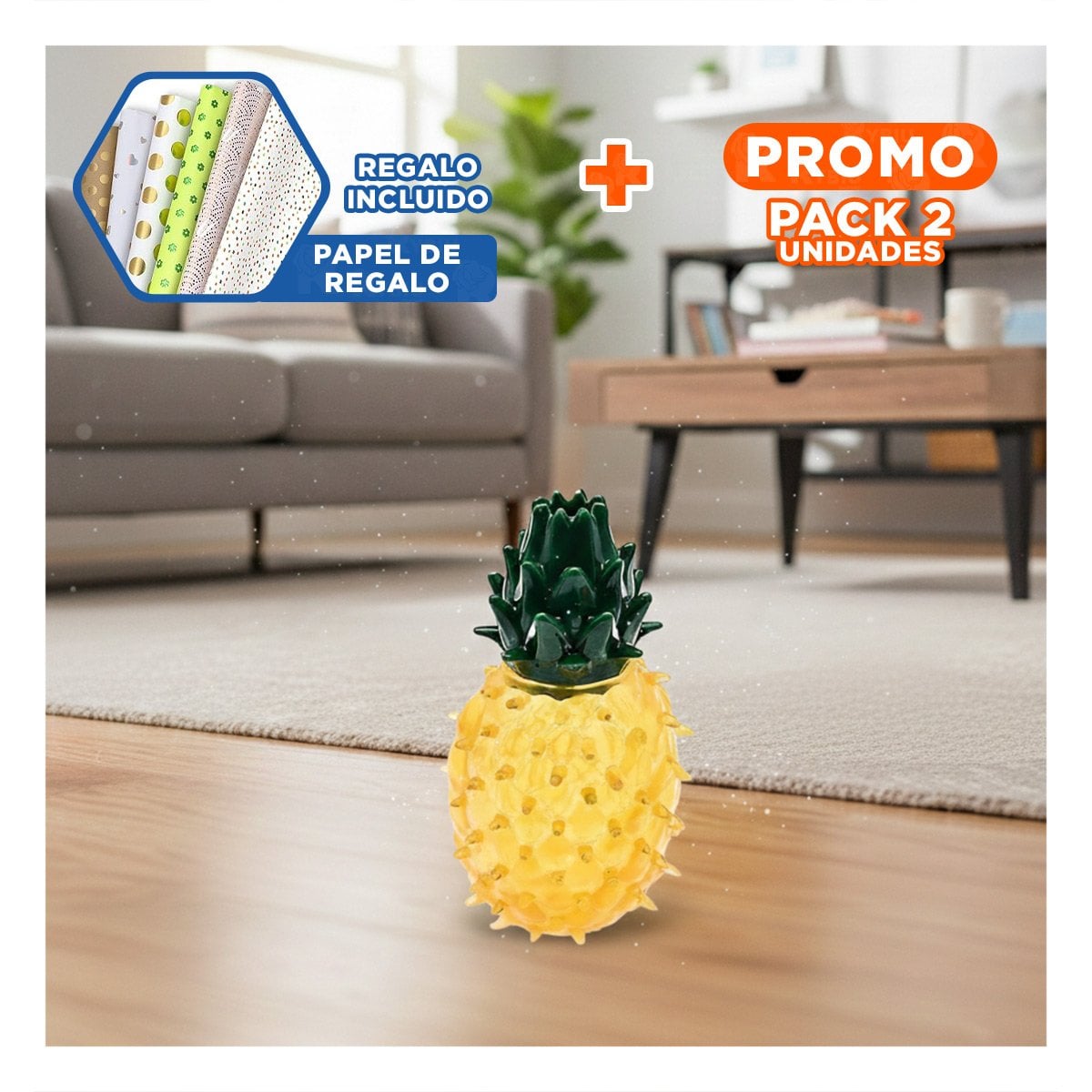 PACK2 ARTICULO LUDICO DE PVC EN FORMA DE PINA PARA MASCOTA AMARILLO SEGURO Y+PAPEL REGALO - 1