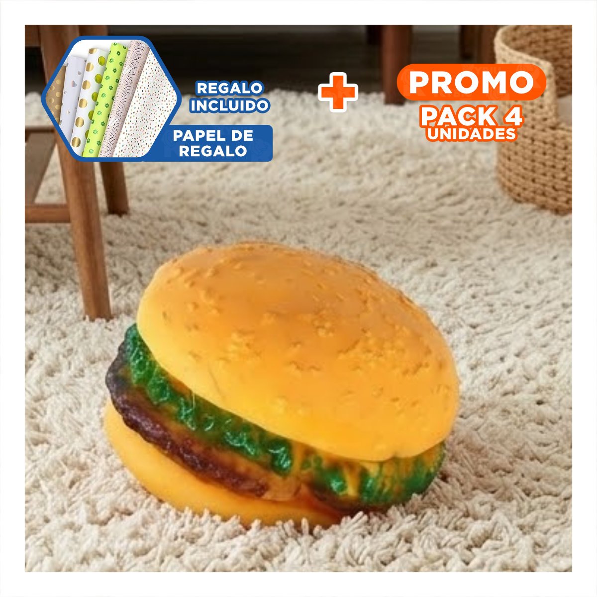 PACK4 BLOQUE DE ENTRETENIMIENTO EN GOMA PARA MASCOTAS CON FORMA DE HAMBURGUESA Y+PAPEL REGALO - 1