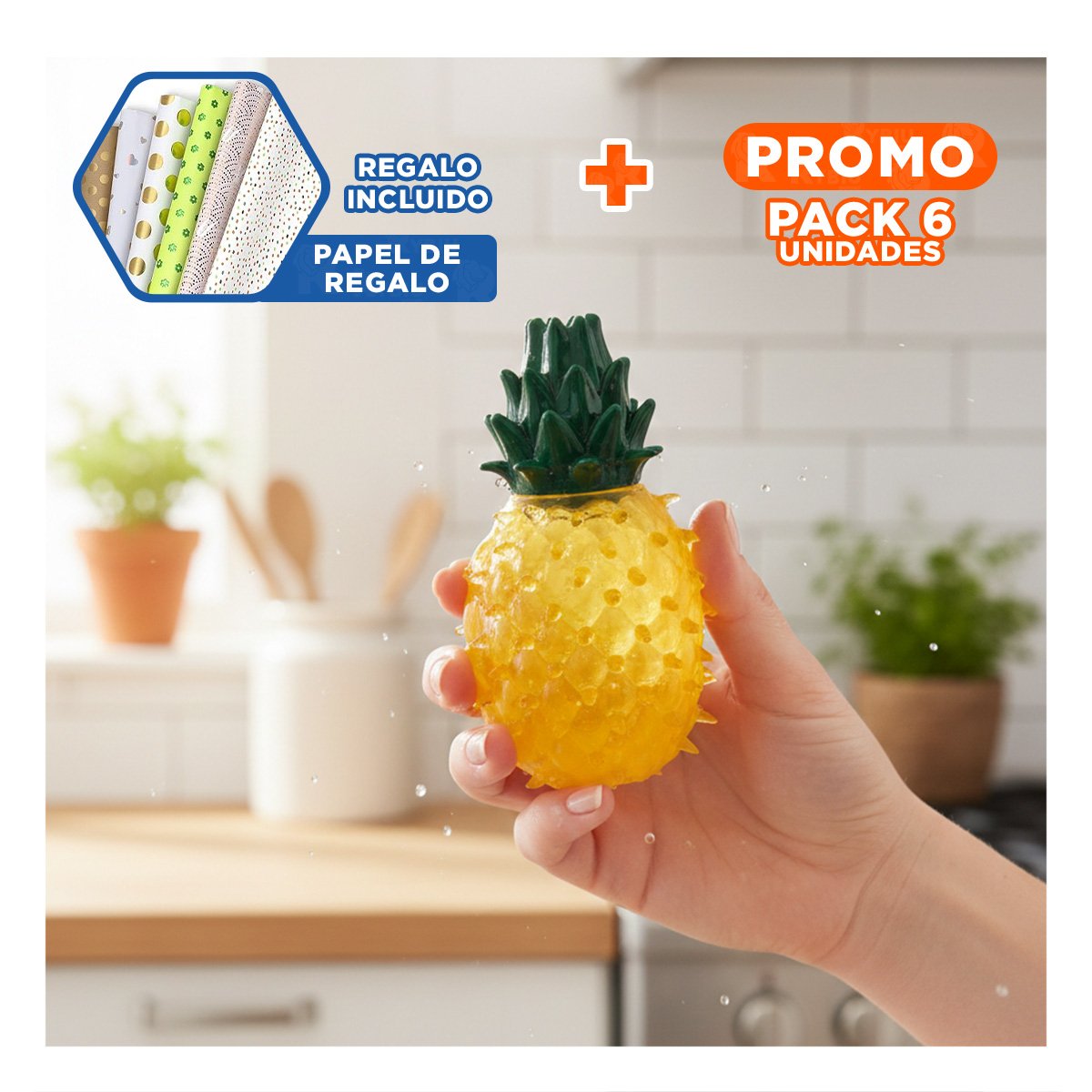 PACK6 OBJETO COLORIDO DE PVC EN FORMA DE PINA PARA MASCOTA AMARILLO FLEXIBLE Y+PAPEL REGALO - 1
