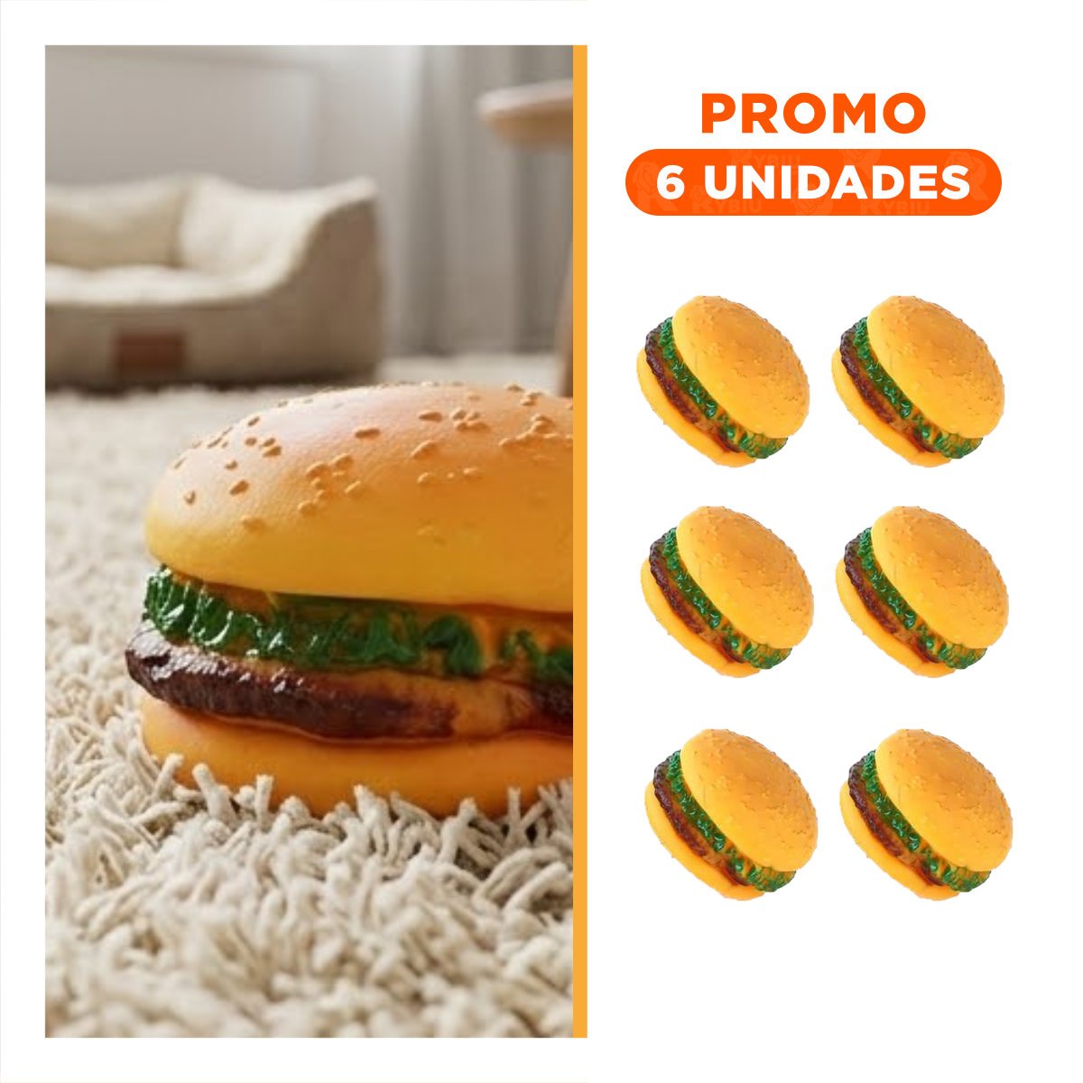 PACK6 DISPOSITIVO LUDICO DE GOMA PARA MASCOTA AMARILLO INSPIRADO EN HAMBURGUESA - 1