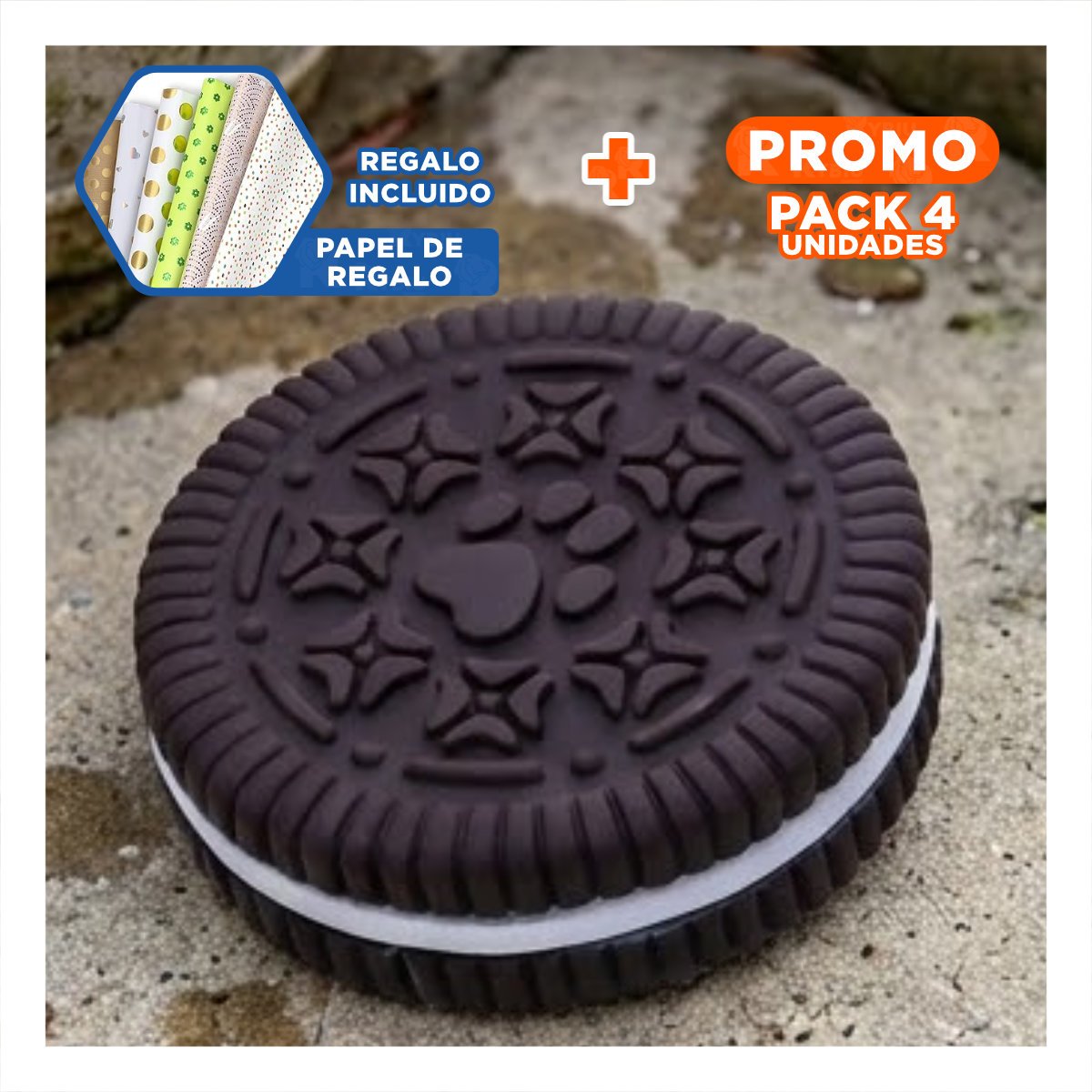 PACK4 DISPOSITIVO LUDICO DE GOMA PARA MASCOTA NEGRO INSPIRADO EN GALLETA OREO Y+PAPEL REGALO - 1