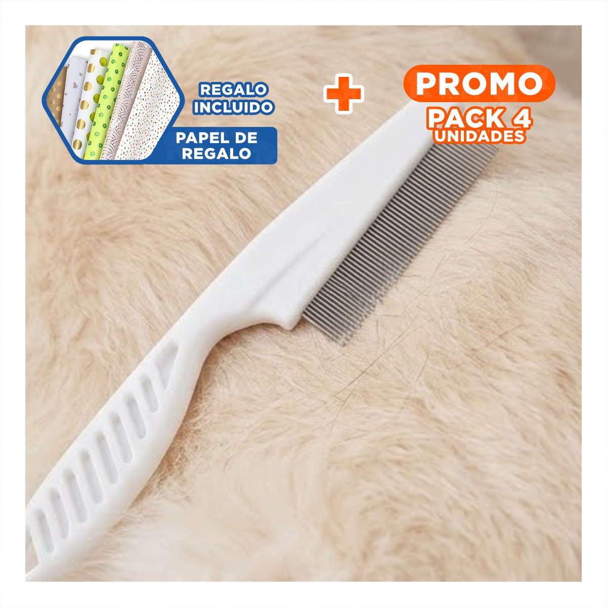 PACK4 RASTRILLO MULTIUSO BLANCO MANTIENE PELAJE LIBRE DE PULGAS Y SALUDABLE Y+PAPEL REGALO - 1