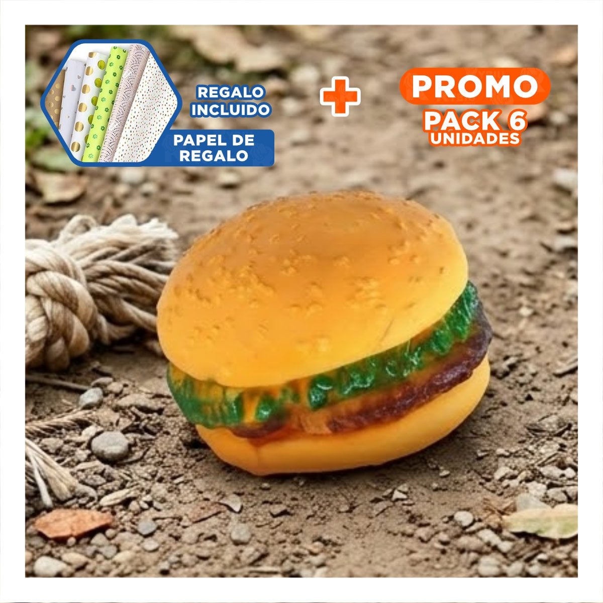 PACK6 DISPOSITIVO DIVERTIDO DE GOMA PARA MASCOTAS AMARILLO DE HAMBURGUESA Y+PAPEL REGALO - 1