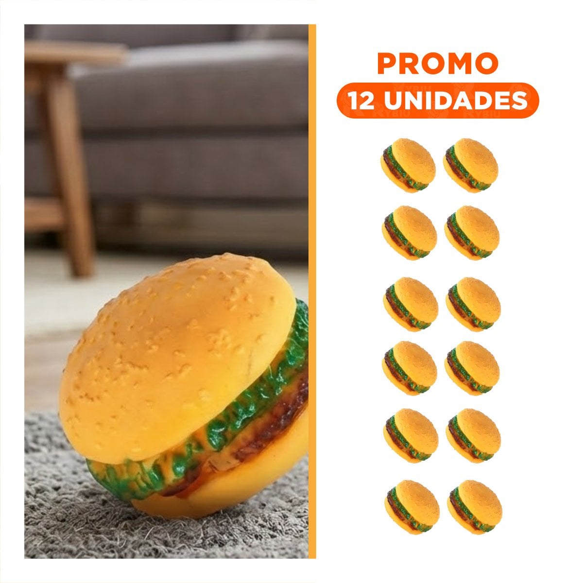 PACK12 ELEMENTO INTERACTIVO DE GOMA PARA MASCOTAS CON DISENO DE HAMBURGUESA Y+REGALO STICKER - 1