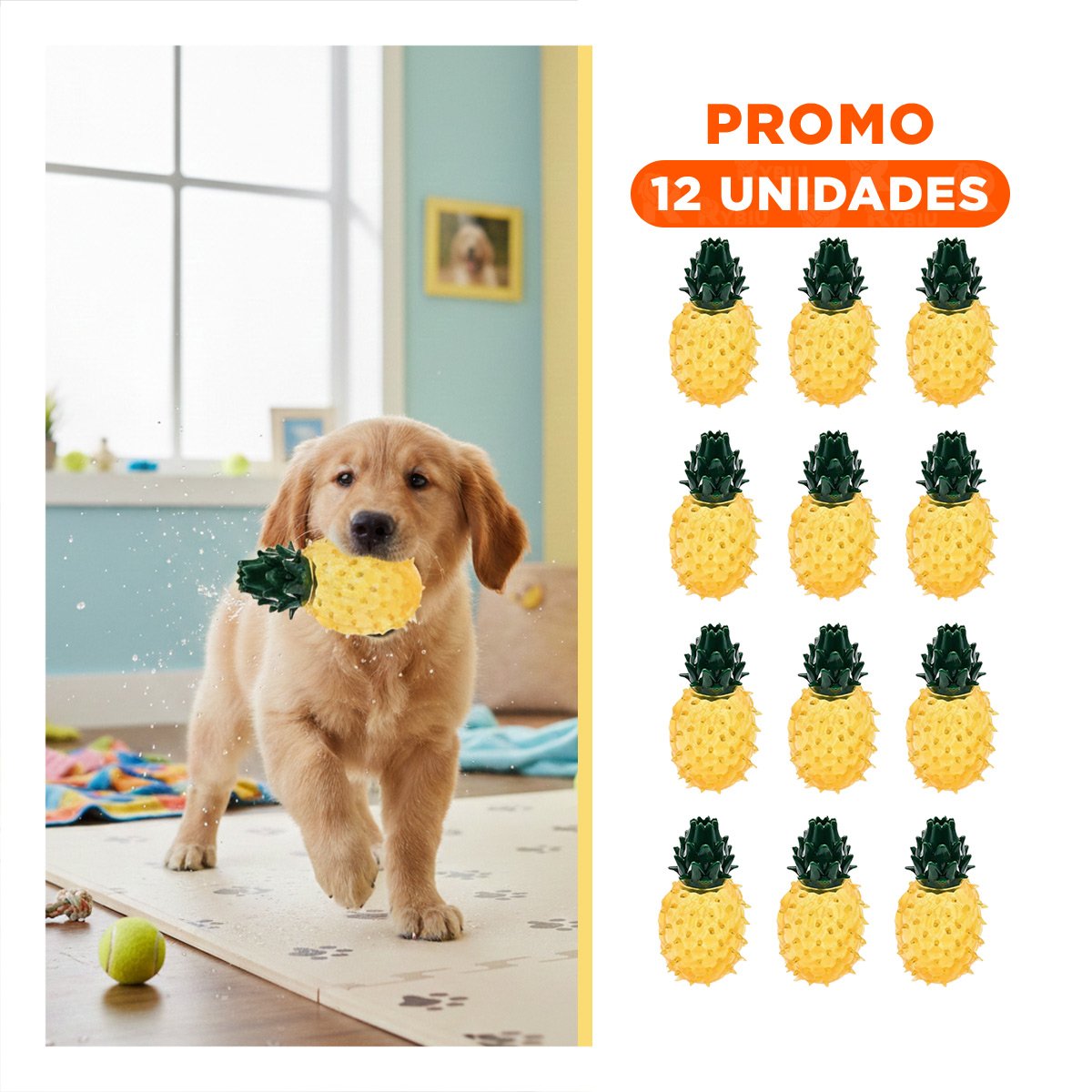 PACK12 ARTICULO INTERACTIVO DE PVC EN FORMA DE PINA PARA MASCOTA AMARILLO Y+REGALO STICKER - 1