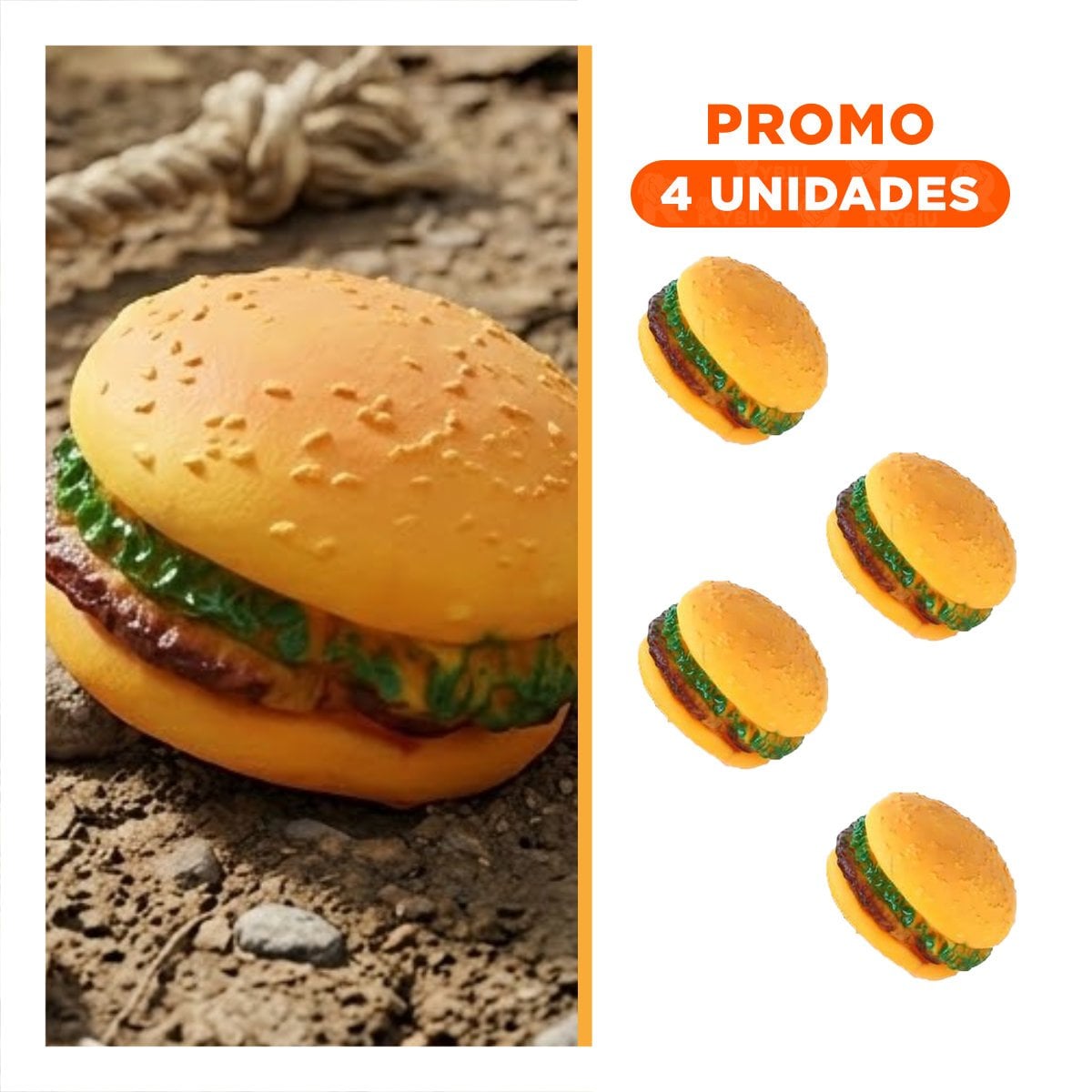 PACK4 DISPOSITIVO EN GOMA PARA MASCOTA AMARILLO INSPIRADO EN HAMBURGUESA Y+REGALO STICKER - 1
