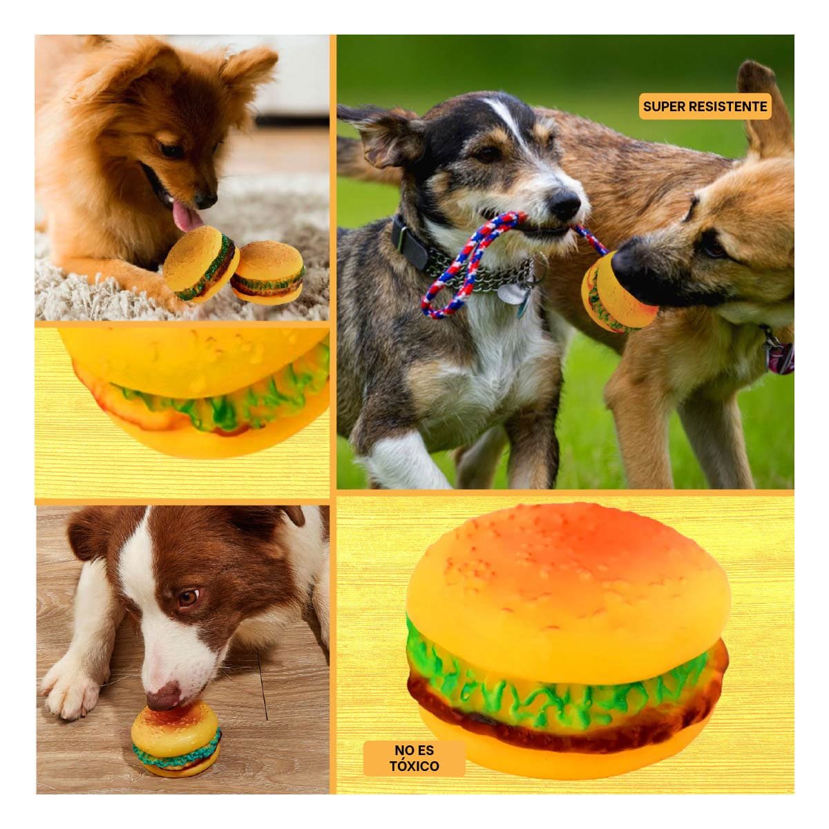 PACK4 DISPOSITIVO EN GOMA PARA MASCOTA AMARILLO INSPIRADO EN HAMBURGUESA Y+REGALO STICKER - 2