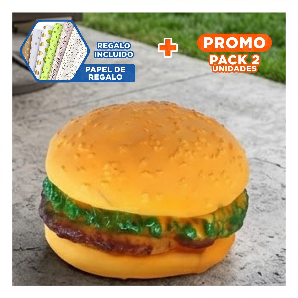 PACK2 BLOQUE SEGURO DE GOMA PARA MASCOTAS AMARILLO CON FORMA DE HAMBURGUESA Y+PAPEL REGALO - 1