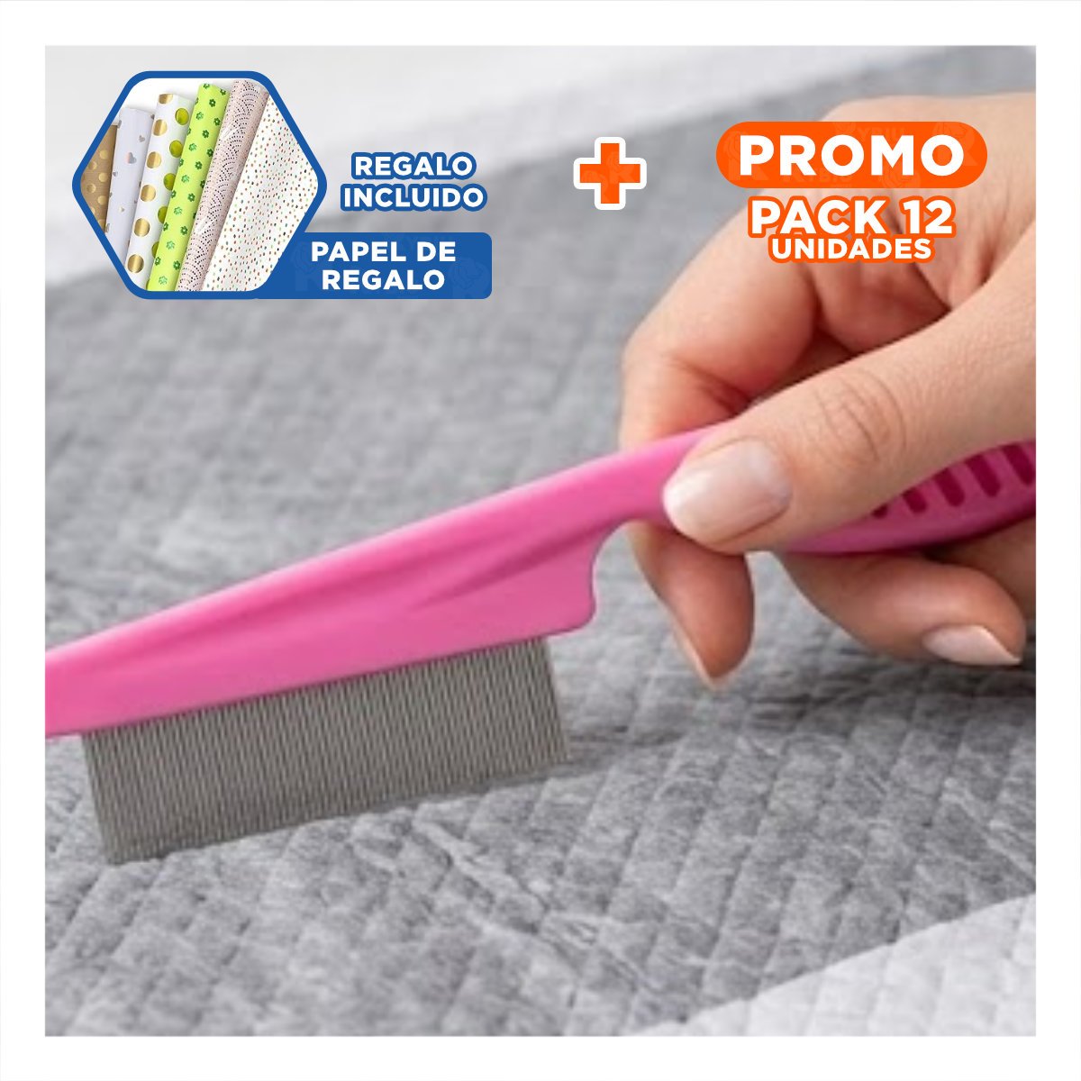 PACK12 PINCEL COMPACTO PARA MASCOTAS ROSADO SACA PULGAS SIN MOLESTAR Y+PAPEL REGALO - 1