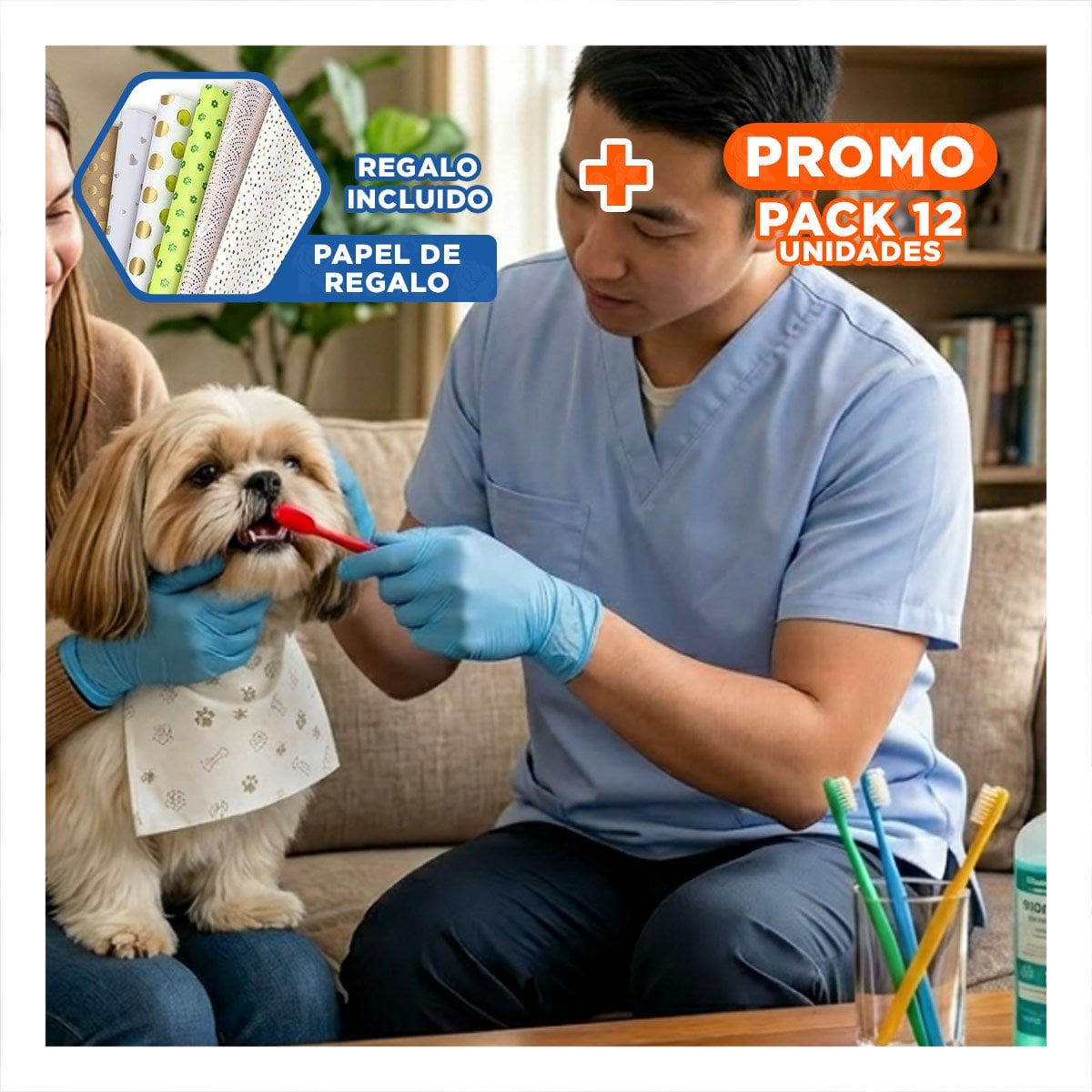 PACK12 ESTUCHE DE CEPILLOS DENTALES PARA MASCOTAS MULTICOLOR CON LIMPIEZA RAPIDA Y+PAPEL REGALO - 1