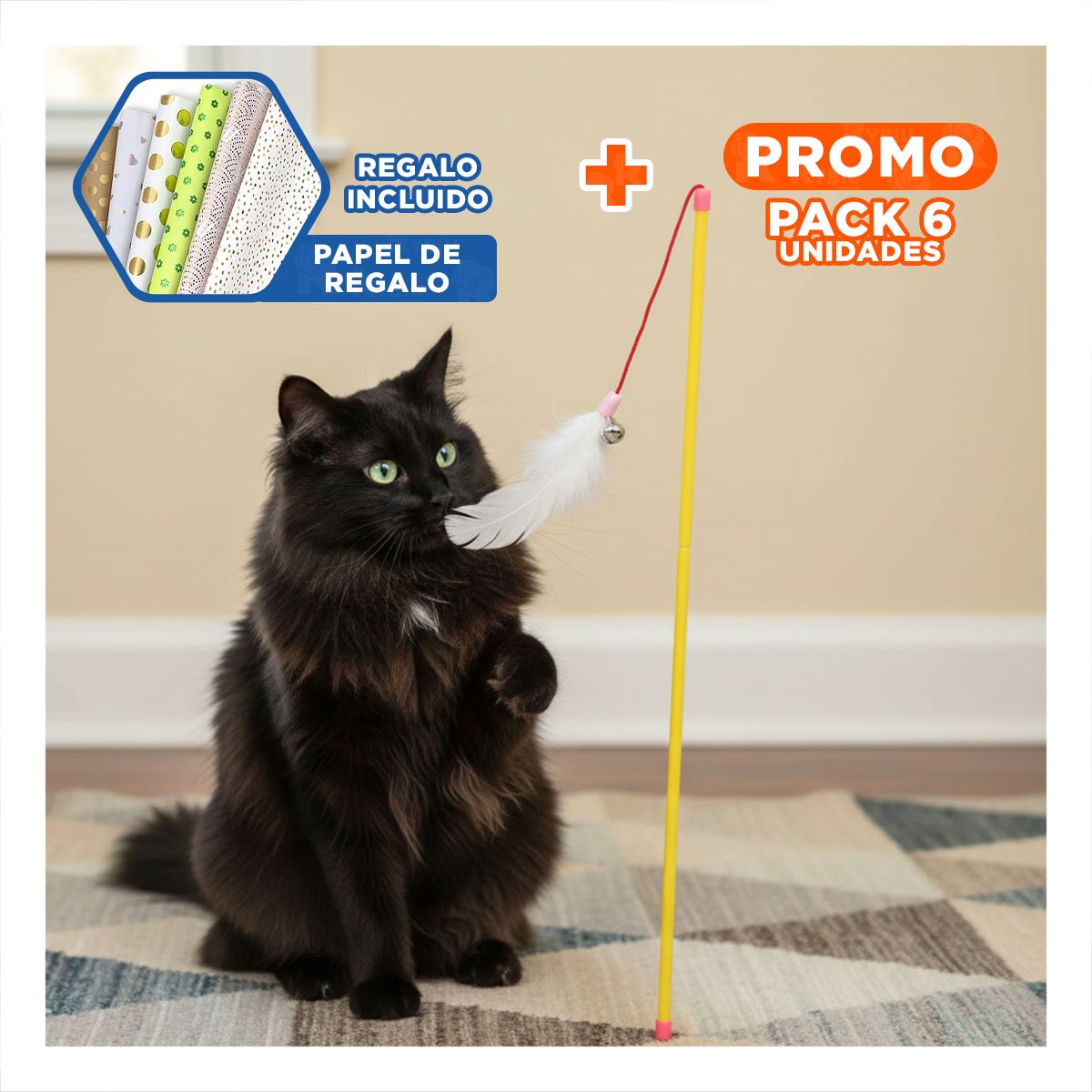 PACK6 ACCESORIO PARA GATO CON VARITA DE COLOR AMARILLO Y RATON BLANCO COMPACTO Y+PAPEL REGALO - 1