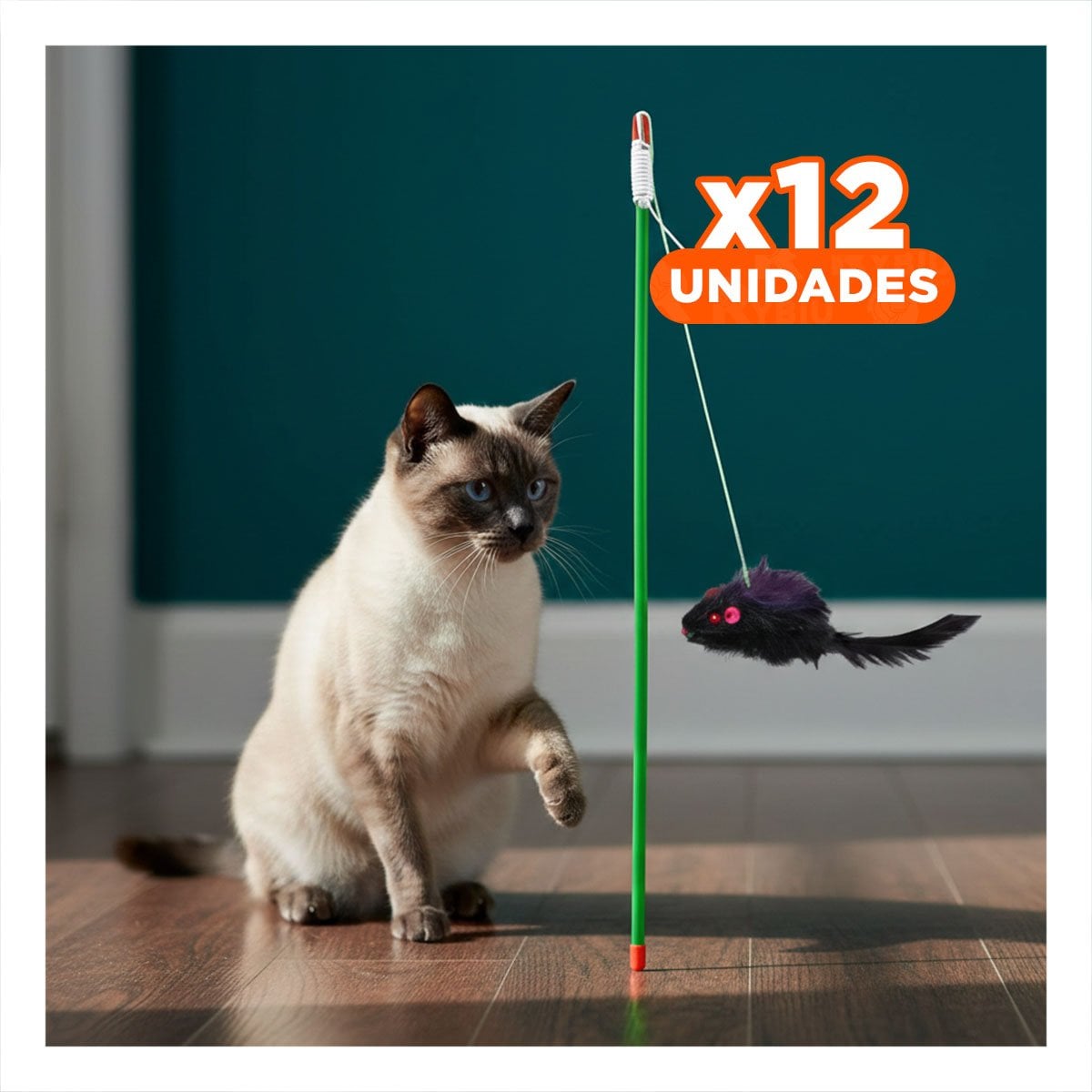 PACK12 ACCESORIO MODERNO PARA GATO CON VARITA DE COLOR VERDE Y RATON NEGRO - 1