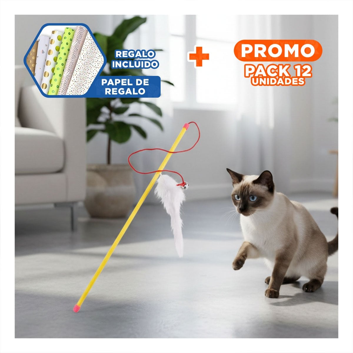 PACK12 ACCESORIO LIGERO CON VARITA DE COLOR AMARILLO PARA GATO Y RATON BLANCO Y+PAPEL REGALO - 1