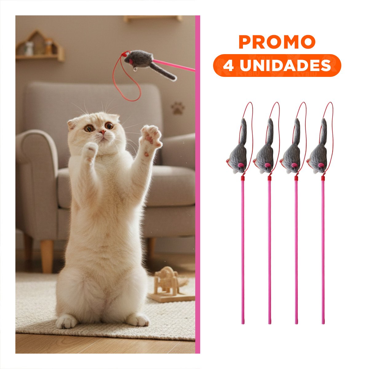 PACK4 JUEGO VERSATIL PARA GATO CON VARITA DE COLOR ROSADO Y RATON PLOMO Y+REGALO STICKER - 1